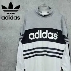 アディダス 3ライン ビッグロゴ Tシャツ グレー×ホワイト 古着 90s