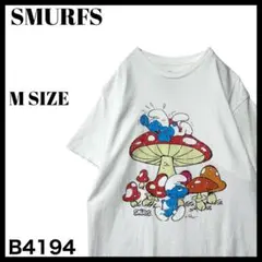 古着 海外アニメ SMURFS スマーフ きのこ プリント Tシャツ 白 M