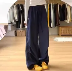 ネイビー ワイドパンツ ドローストリング ナイロンパンツ ネイビー