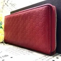 グッチ 長財布 シマ レザー マイクロ GG 赤 ラウンド EI343