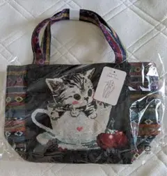 猫の刺繍入りカラフルハンドバッグ