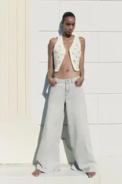 ZARA MID-RISE PALAZZO デニムパンツ　ライトグレー