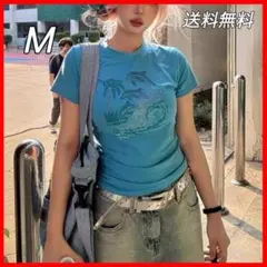 ラスト1点！y2k グランジ 平成ギャル Tシャツ 半袖 ブルー Mサイズ