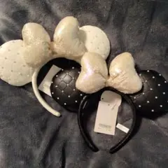 新品　タグ付き　ディズニー カチューシャ スパンコール キルティング　黒白