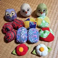 フクロウ置物　手作りお手玉各種