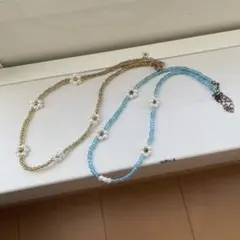 ビーズ　ネックレス　ブルー　ゴールド　水色