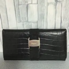 サルバトーレフェラガモ 長財布 クロコ型押し ヴァラ 本革 ブラック 黒 正規品
