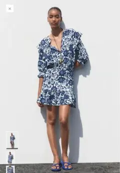 【ZARA】フローラルプリントワンピース　ブルーM