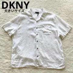 DKNY 麻100% 総ロゴ柄 オープンカラーシャツ ホワイト 大きいサイズ