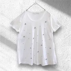 自由区【M】ビジュー付き Tシャツ カットソー 半袖 きらきら ホワイト 白