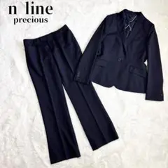 美品 nline 青山 シルク ストレッチ パンツ スーツ ネイビー ストライプ