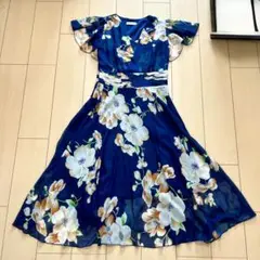 【未使用】花柄 フレアワンピース シフォン ロング 半袖