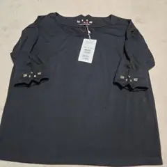 culture mediumネコ刺繍ブラック五分袖Tシャツ M