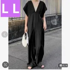 ギャザーシャーリングサロペットオールインワンブラックL Lサイズ