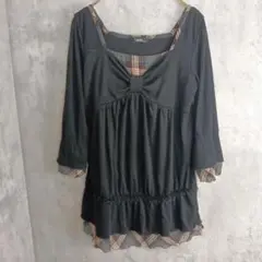 【T-mind】黒×チェックのチュニックトップス　胸元リボン　L
