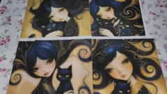 パネル生地　女の子　レディ　黒猫　猫　ゴールド系　イエロー系