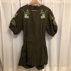 ZARA BASIC ダークグリーン刺繍オールインワン Lサイズ