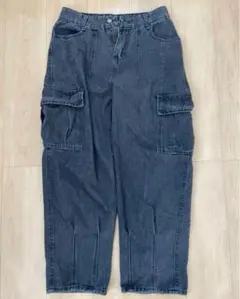 ダークグレー デニム カーゴパンツ ハイウエスト　ワイドパンツ