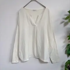 earth 異素材ドッキングブラウス　シンプル　通勤服　Vネック長袖シャツ　白F