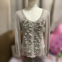 セブンティフロントフリルデザインシアーカーディガン40(S〜M)ライトグレー