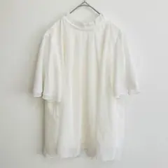 【美品】ゆったり ホワイト シフォン フリルネック 半袖シャツ Lサイズ