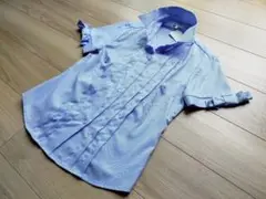 新品NARA CAMICIEナラカミーチェ青色袖口 リボン付半袖シャツブラウスⅡ