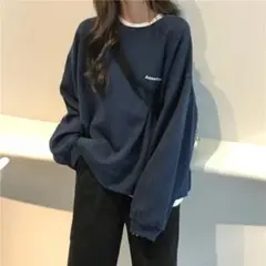 ユニセックス 長袖 韓国風 スウェット ワンポイント ブラック トレーナー