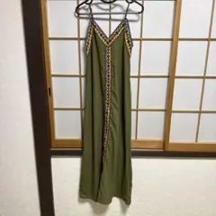 エスニック柄オリーブロングキャミワンピース