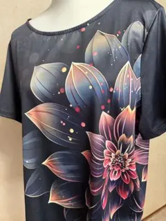 蓮　花柄プリント ゆったりTシャツ ヨガTシャツ　XXL