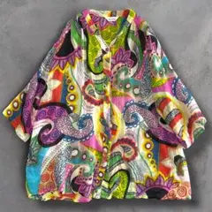 インド綿　派手可愛い　ペイズリー　総柄　奇抜　シャツ　ゆったり　古着　個性的