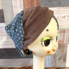 ハンドメイド 幅広リバーシブルターバン 茶×麻柄&生成り