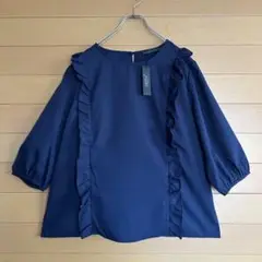 【タグ付き新品】XXL 3L ネイビー フリルブラウス 五分袖 ポリエステル