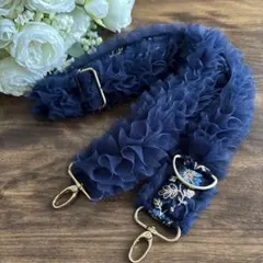 インド刺繍レースチュールハンドメイドスマホショルダーストラップ ネイビー