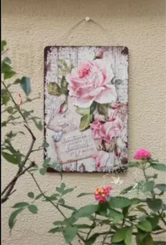 ブリキ 看板 バラ　花 インテリア雑貨 ガーデニング雑貨　薔薇