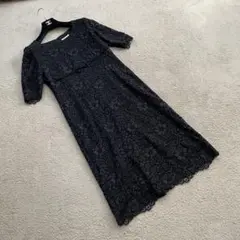 美品　ユキトリイ　半袖ロングワンピース　総刺繍　花柄　レース　リボン　ブラック