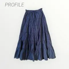 ティアードロングスカート　フレア　ゆったり　大人可愛い　プロフィール　紺　L