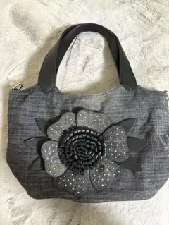 デニム 花飾りトートバッグ マチ付き ブラックデニム