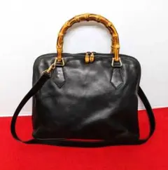 良品 レア!Gucci バンブー レザーショルダーバッグ ハンドバッグ ブラック