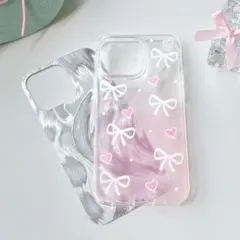 iPhone15　Pro　リボン　ハート　ピンク　シルバー　透明　キラキラ　韓国