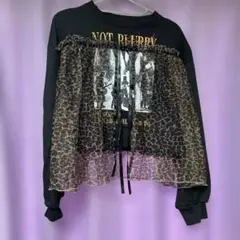レオパード柄シフォン付きブラックトレーナー L