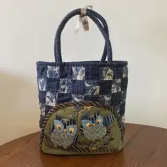 古布　フクロウアップリケ　刺繍トートバッグ
