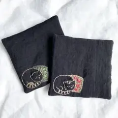 【3連休限定価格】ねこ 猫 コースター 2点セット ❉ リネン 刺繍