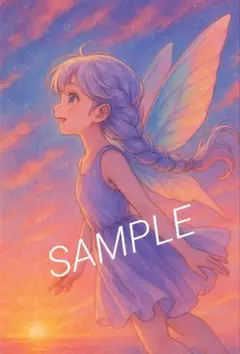 美少女イラスト 天使 羽根 夕焼け レトロ プロマイド風 幻想的 No.103