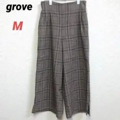 grove グローブ　ワイドパンツ　チェック　ウエストゴム　スリット　ブラウン