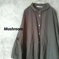 マッシュルーム　シャツワンピース　ロング丈　ボタン　ストライプ　バンドカラー　M