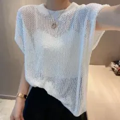 ノースリニット メッシュ ホワイト フリーサイズ 透かし編 サマーニット トップ