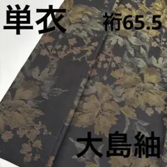 単衣 大島紬 正絹 裄65.5 黒地 横双 花の絣 U-8452