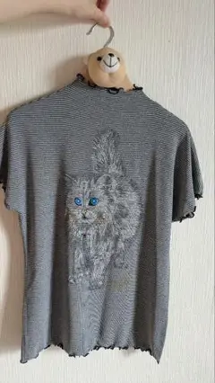 猫刺繍 半袖Tシャツ ストライプ