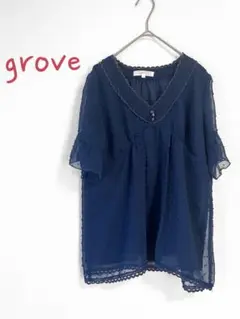 grove 半袖 チュニック プルオーバー トップス ネイビー ドット Lサイズ