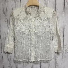 Lily Blouse レース刺繍 ブラウス 七分袖 ホワイト フリル衿 M相当